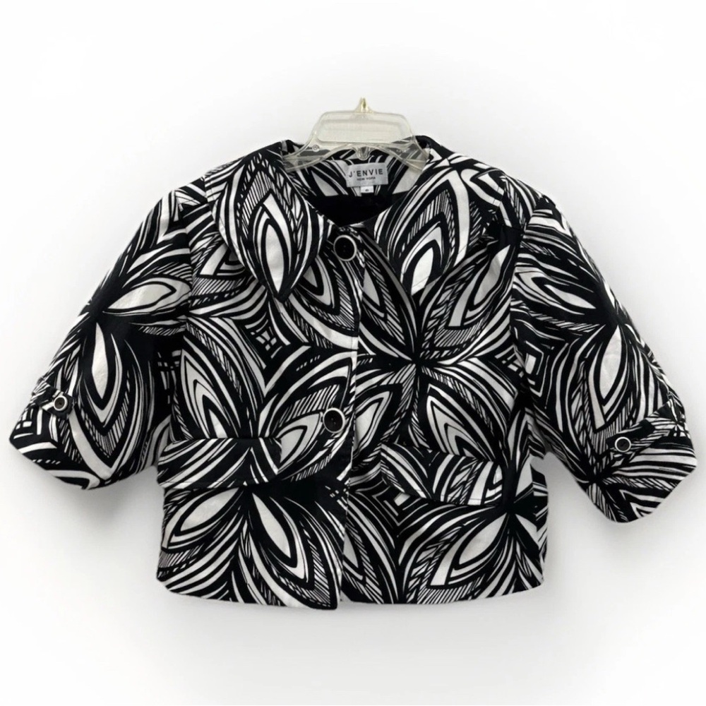 J'envie Womens 6 Black White Geometric Cropped Jacket Blazer 3/4 Sleeve USA Made